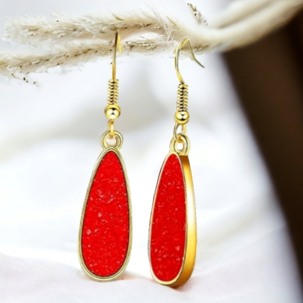 Gold Tone Drop Earrings with Red Teardrop Inlay